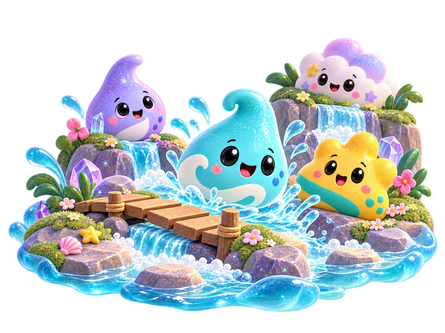 An illustrated floating Schmiggle island with rivers, crystals, bridges and creatures