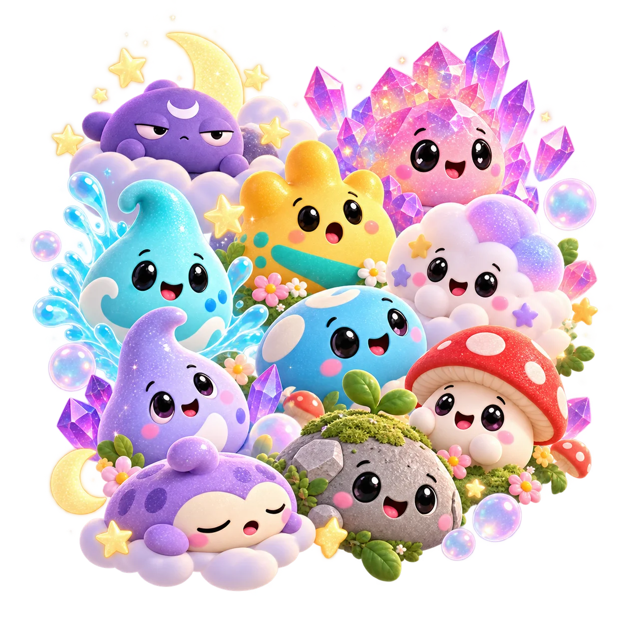 The Founding 10 gathered together among stars, crystals and clouds